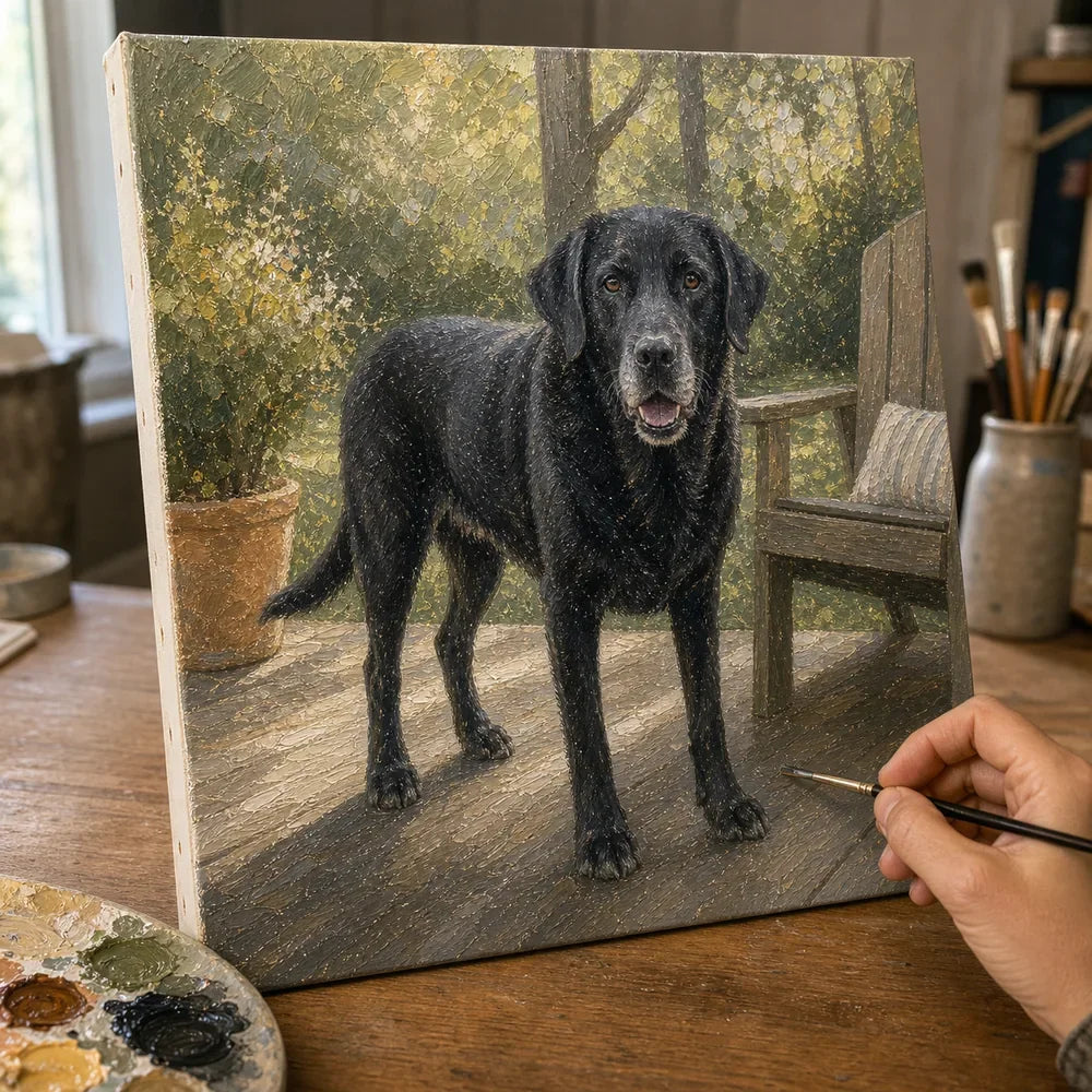 Studio process for a full-body memorial pet oil portrait with porch background