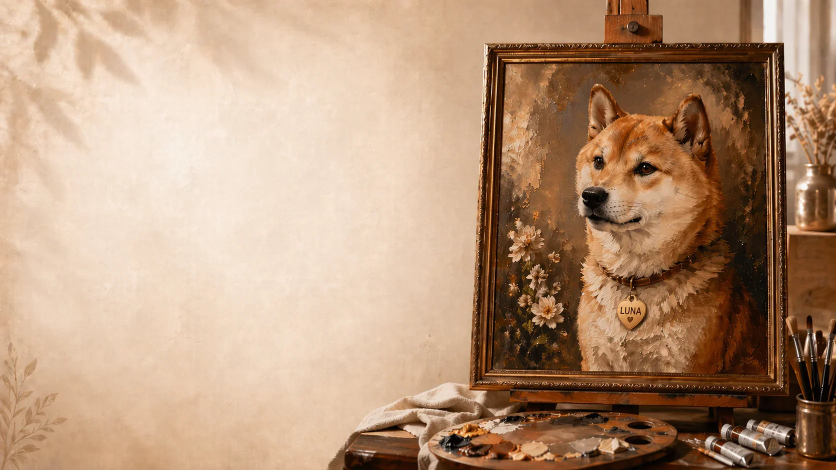 Golden Retriever with owner in a cozy living room featuring a custom hand-painted pet oil portrait on canvas