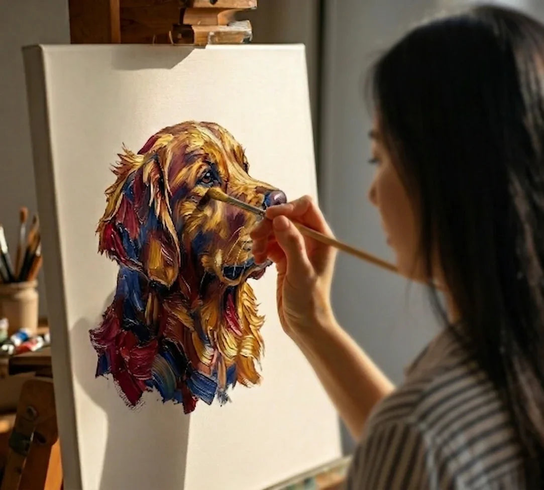 Artist painting a custom dog oil portrait with visible real brushwork in the TOP PAW ART studio
