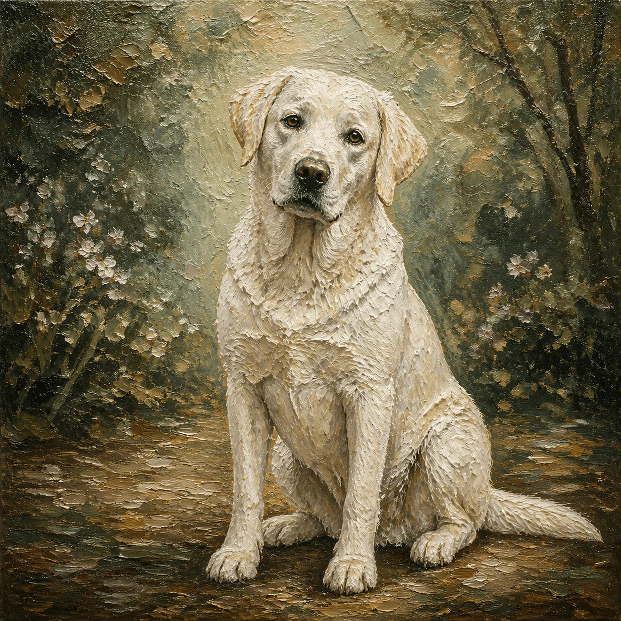 Custom memorial pet oil portrait hand-painted on canvas with a meaningful scene