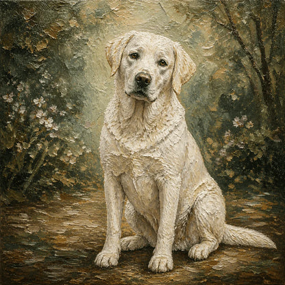 Custom memorial pet oil portrait hand-painted on canvas with a meaningful scene