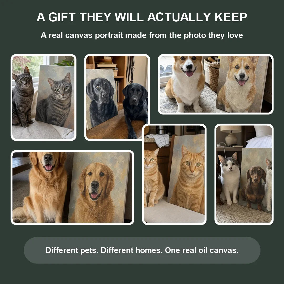 Collage showing real canvas texture on custom hand-painted pet portraits