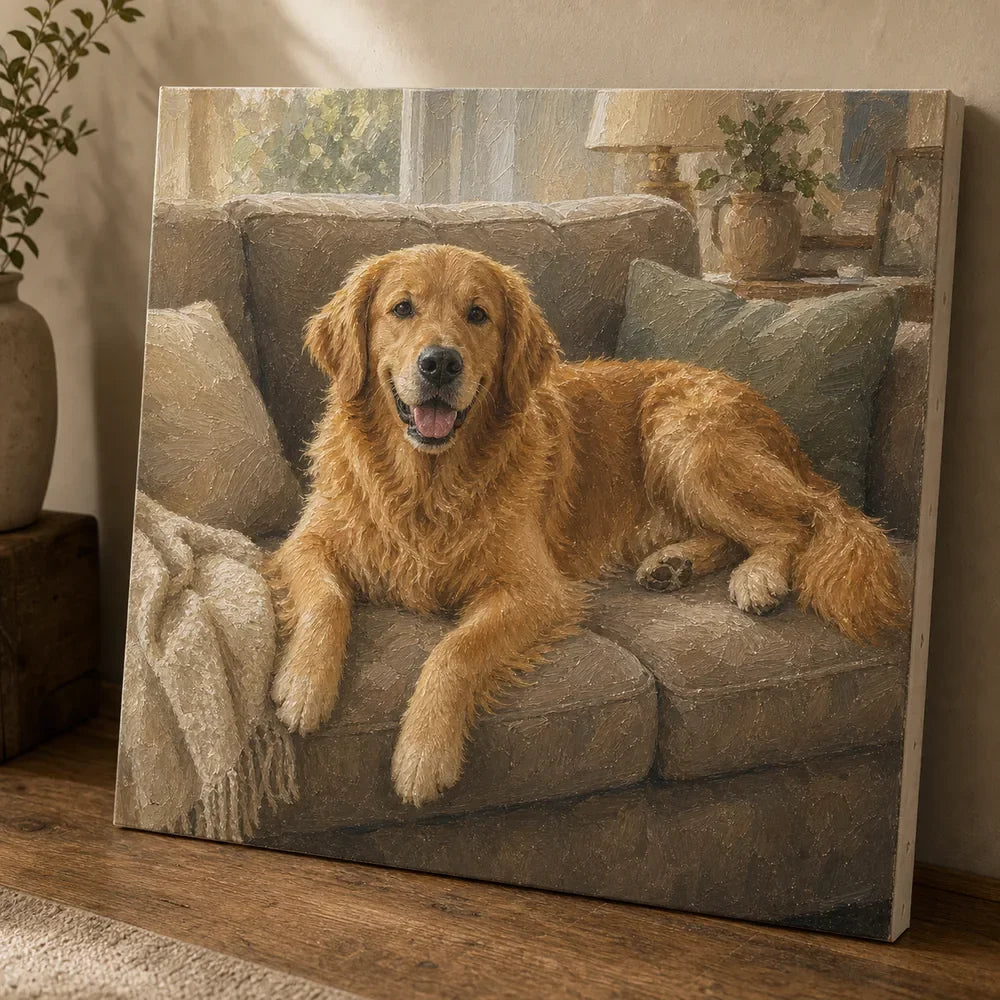 Memorial Golden Retriever oil portrait in a favorite sofa scene