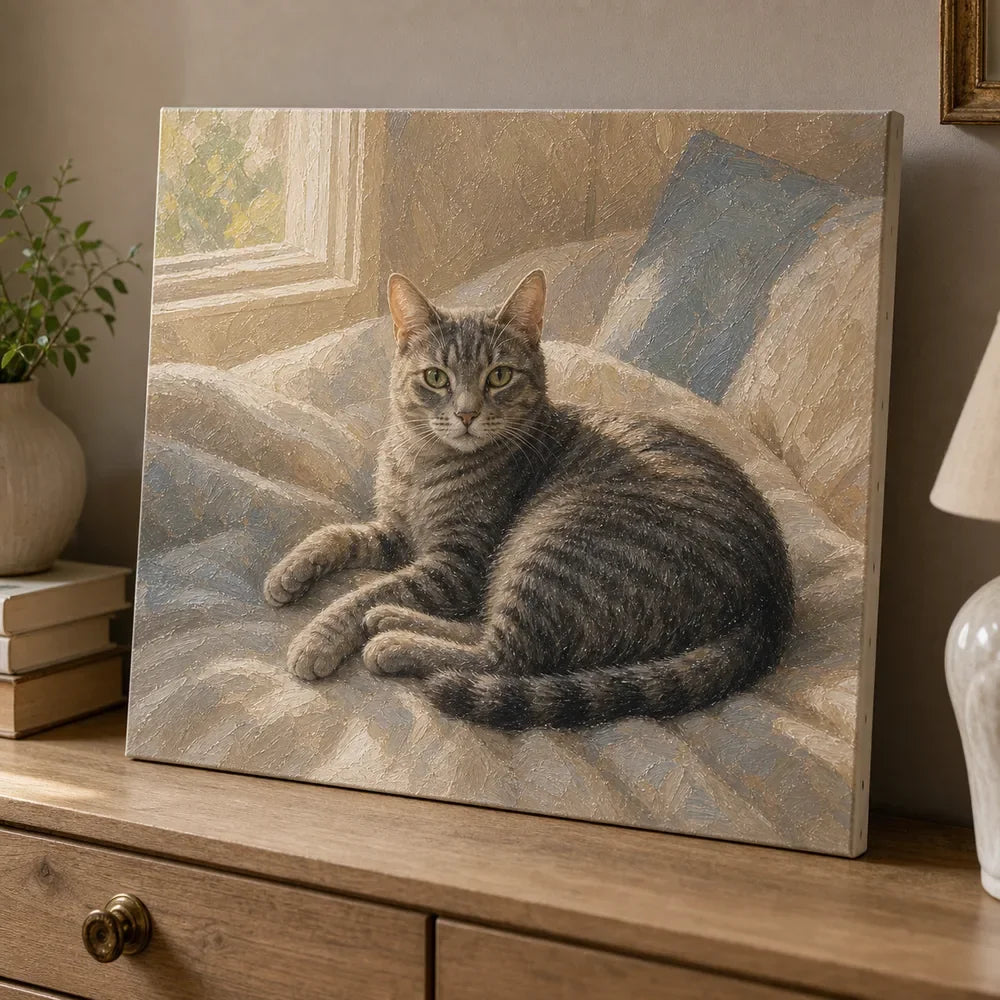Memorial cat oil portrait of a gray tabby near a bed and window