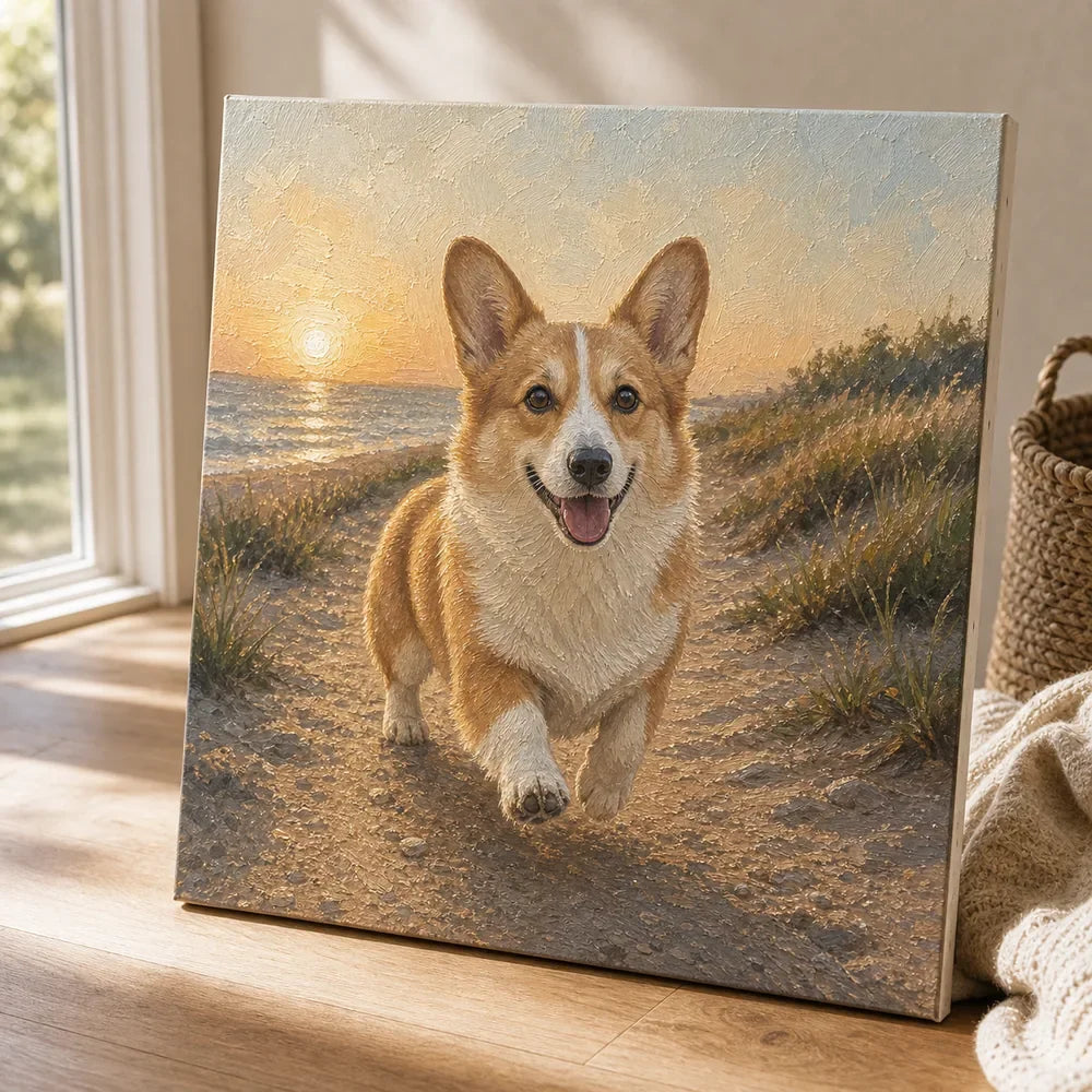 Memorial pet oil portrait of a Corgi in a meaningful beach path scene
