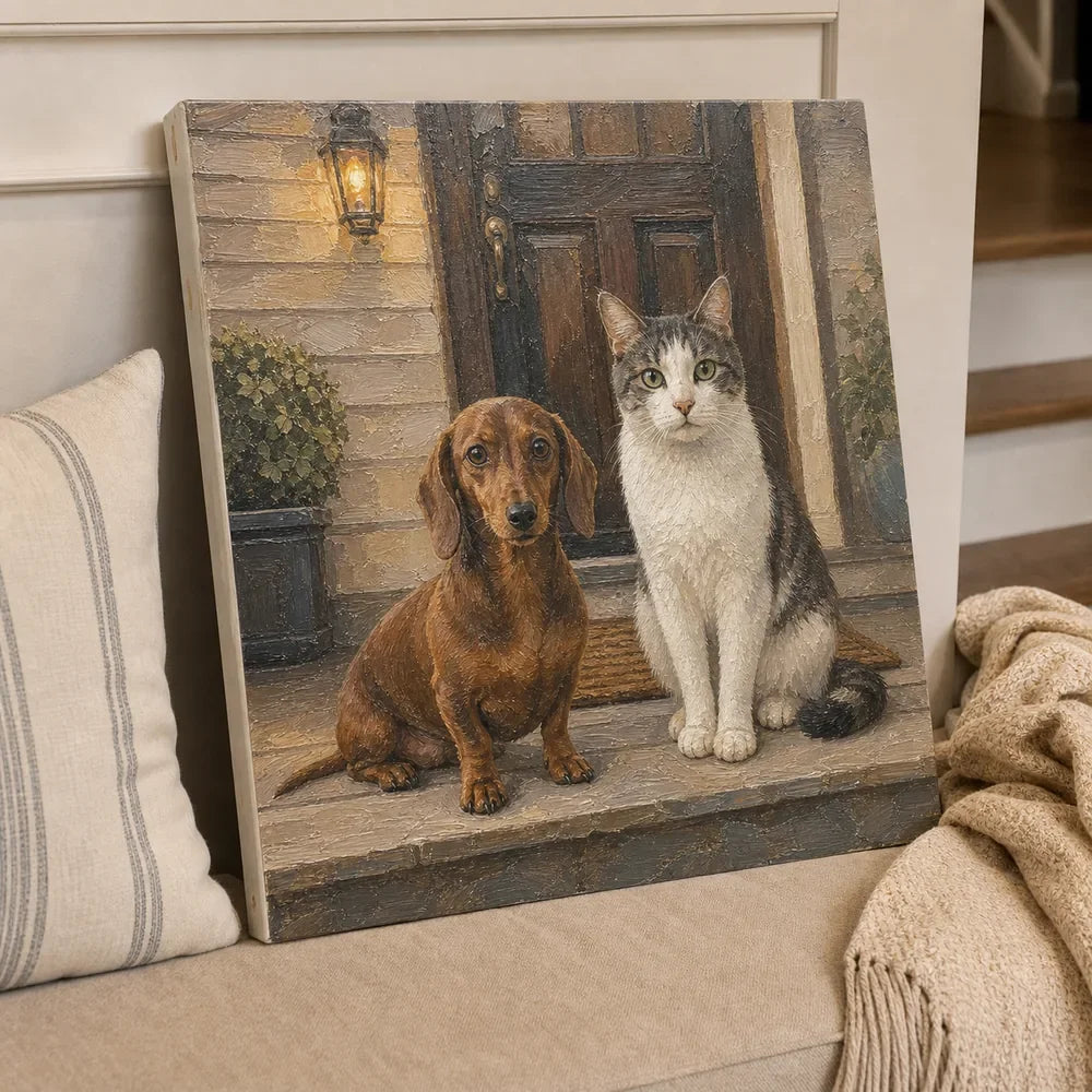 Memorial pet oil portrait of two pets on a front porch scene