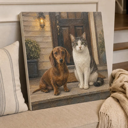 Memorial pet oil portrait of two pets on a front porch scene