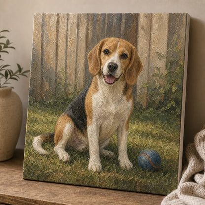 Memorial Beagle oil portrait in a backyard ball scene