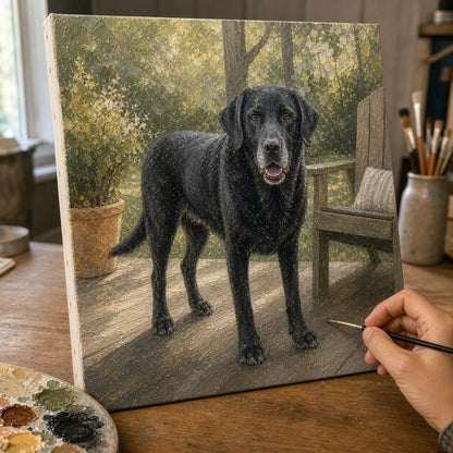 Studio process for a full-body memorial pet oil portrait with porch background