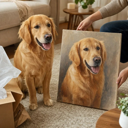 Finished custom Golden Retriever oil portrait given as a pet lover gift