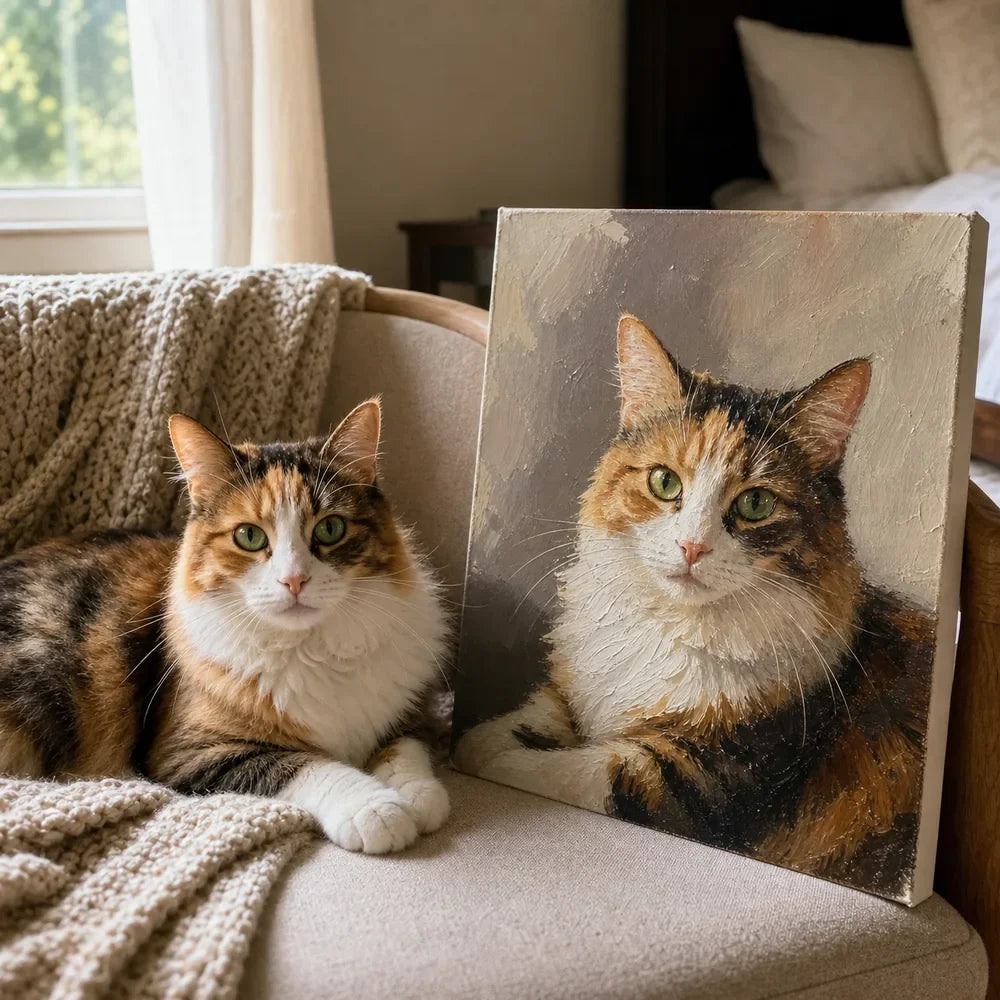 Custom cat oil portrait displayed at home by a pet parent