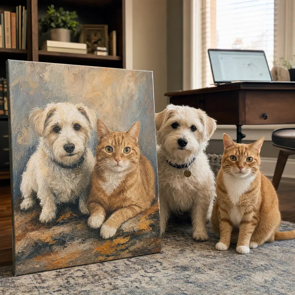 Customer preview of a custom two-pet oil portrait on canvas