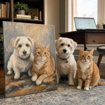 Customer preview of a custom two-pet oil portrait on canvas