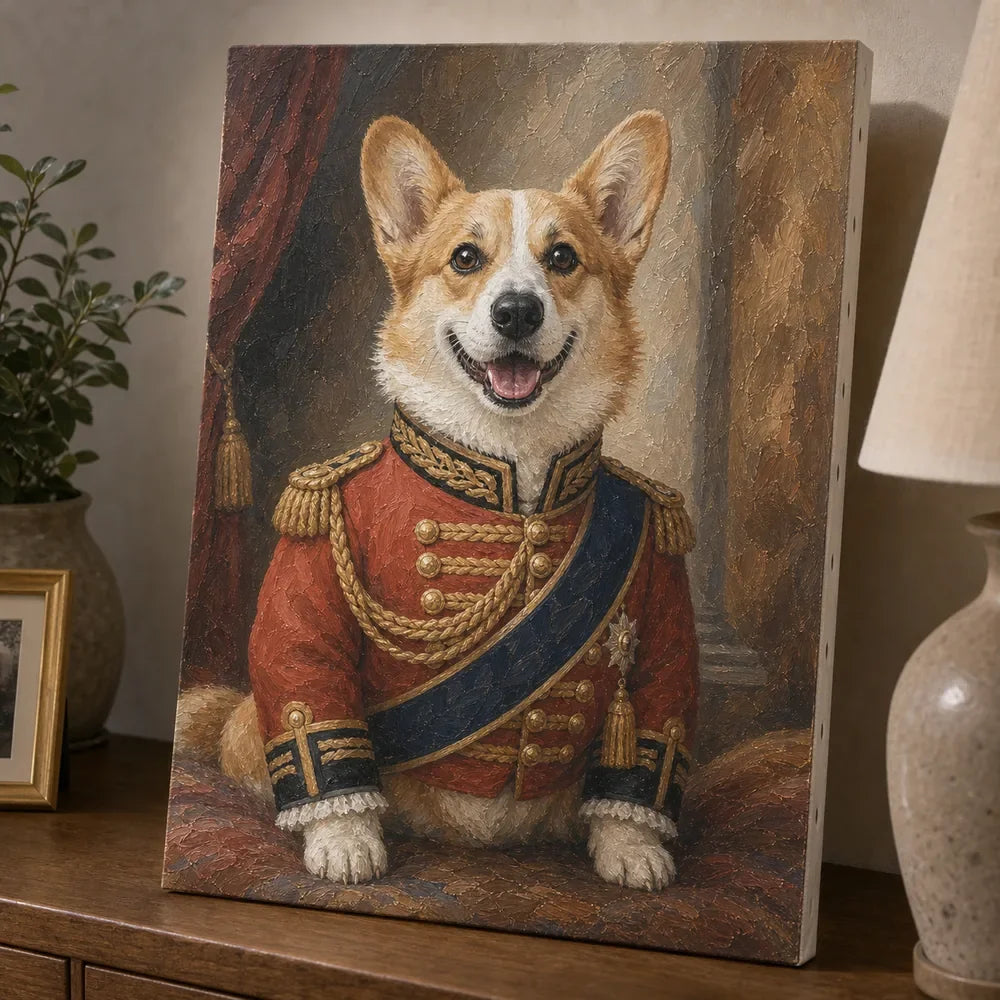 Royal Corgi guard captain pet oil portrait in vintage costume style