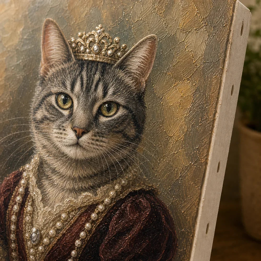 Close-up brushwork detail on a tabby queen royal cat oil portrait