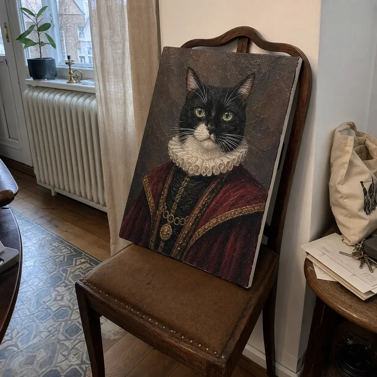 Royal tuxedo cat count oil portrait in a European apartment setting