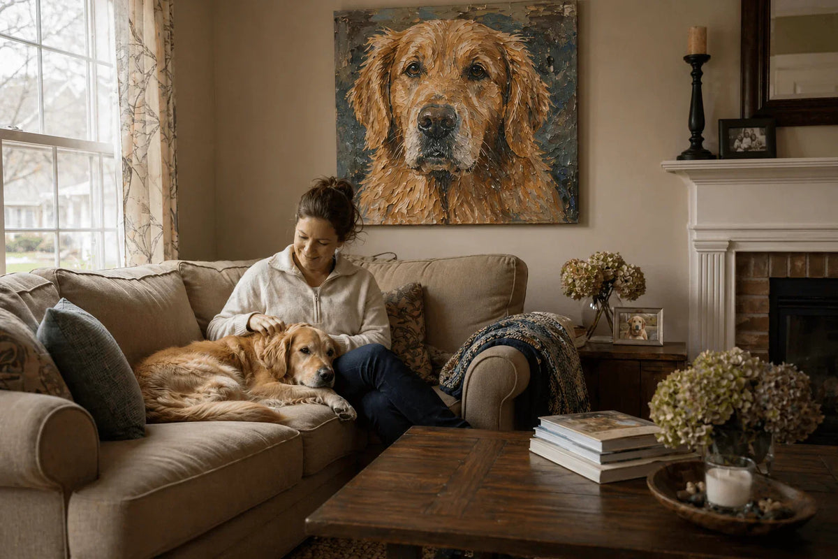 Golden Retriever beside a custom hand-painted pet oil portrait on canvas in a cozy living room