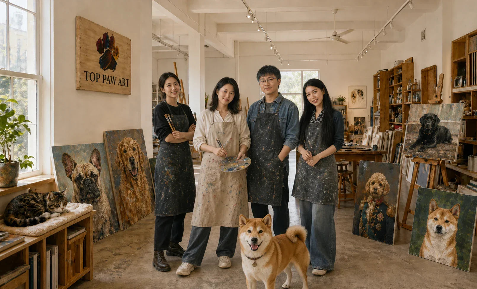 TOP PAW ART artists standing in a warm oil painting studio with custom pet portraits and pets