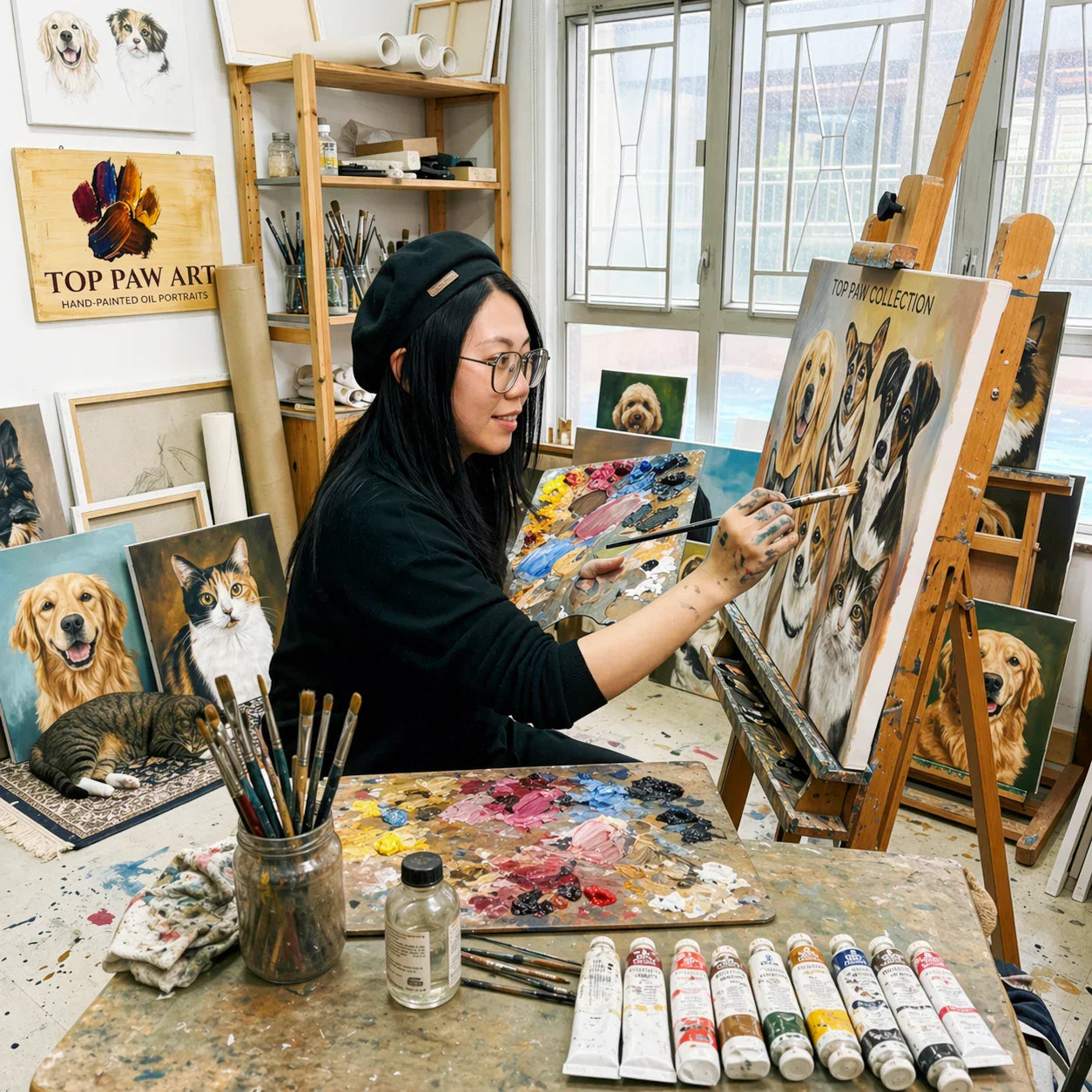 TOP PAW ART studio team with custom hand-painted pet oil portraits on canvas