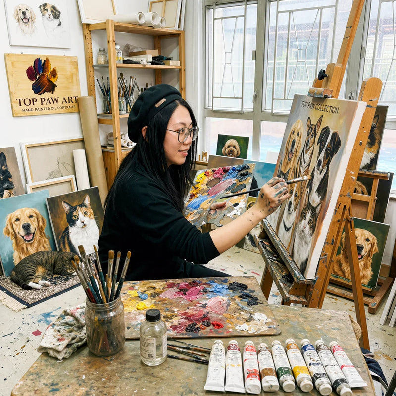 TOP PAW ART studio team with custom hand-painted pet oil portraits on canvas