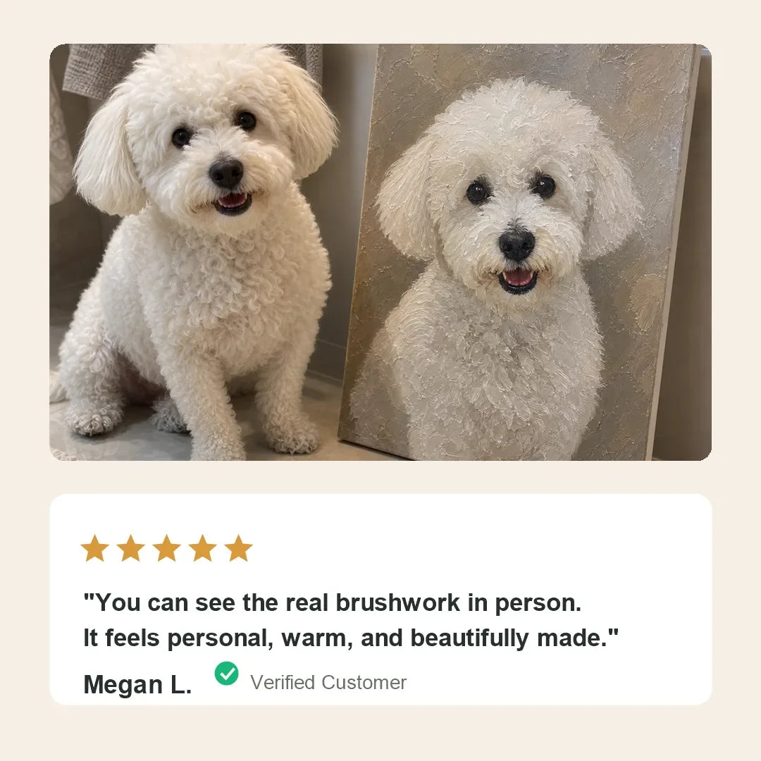 Verified customer review for a custom pet oil portrait on canvas